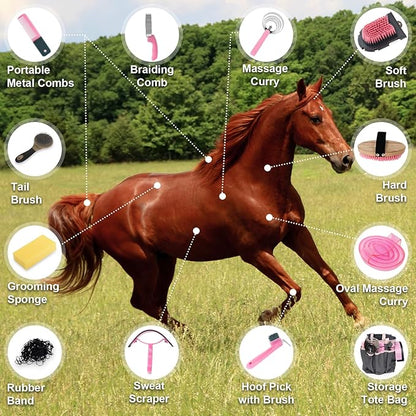 Horse Grooming Kit 13 Piece, Horse Brushes for Grooming Supplies Set, Professional Horse Supplies with Gloves & Brush for Equine Care, Pink