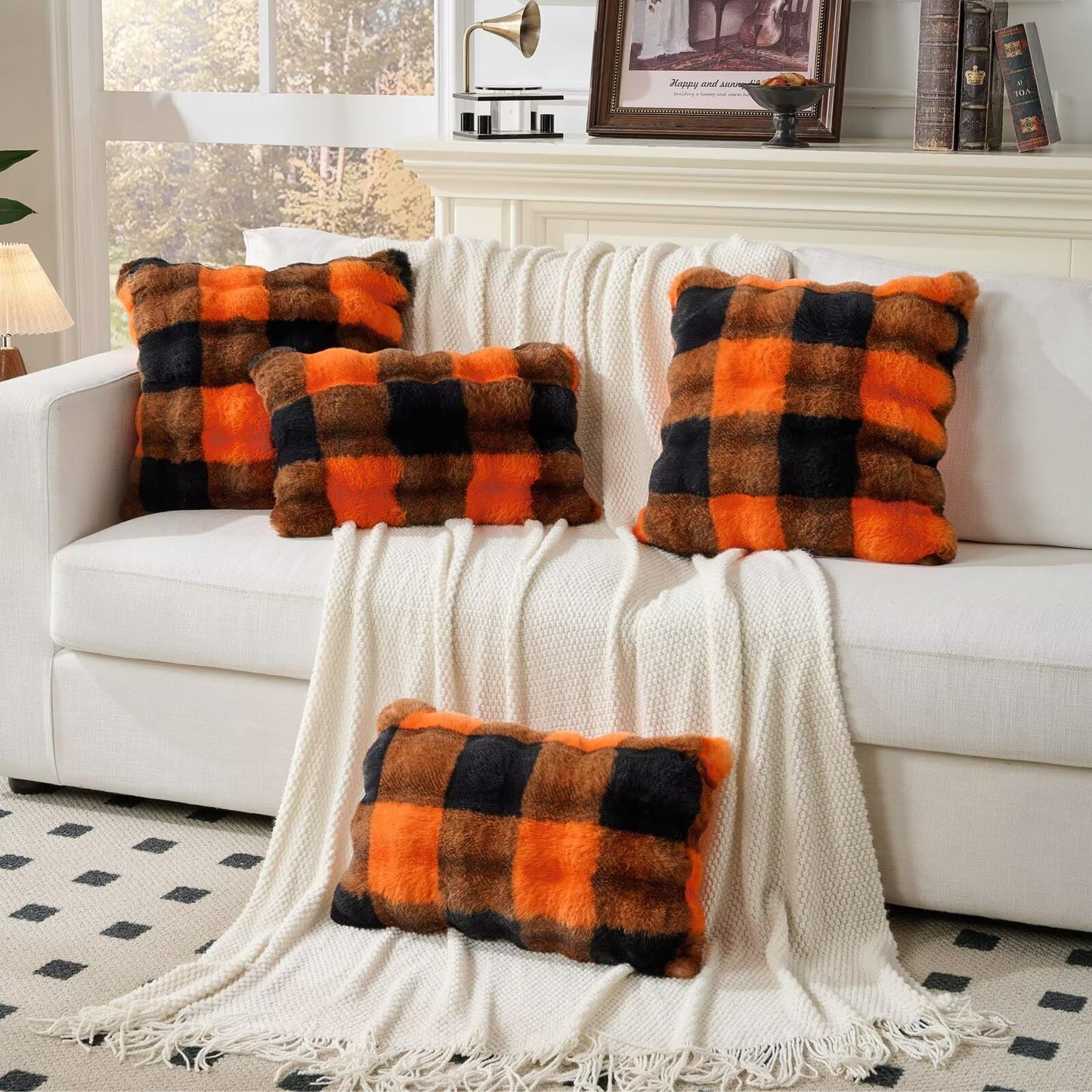 Animebody Set of 2 Faux Fur Cozy Throw Pillow Covers Halloween Decorations Throw Pillows Cushion Pillowcase for Sofa Couch,Orange-Black Grid Print 24 x 24 Inch