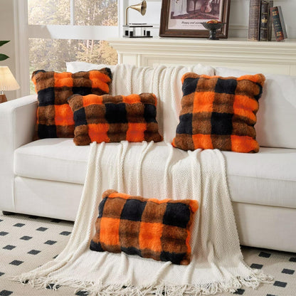 Animebody Set of 2 Faux Fur Cozy Throw Pillow Covers Halloween Decorations Throw Pillows Cushion Pillowcase for Sofa Couch,Orange-Black Grid Print 24 x 24 Inch