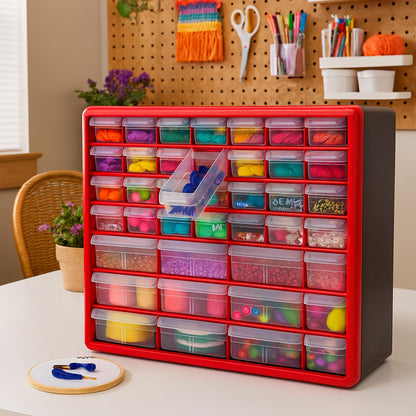 Akro-Mils 44-Drawer Plastic Drawer Storage Cabinet for Garage Organization, Bead Organizer, Building Bricks Storage, Teacher Toolbox, Makeup Organizer, 20" W x 6" D x 16" H, 10144 Red