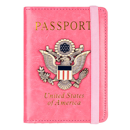 TOURSUIT RFID Blocking Passport Holder for Women Men, Leather Passport Travel Wallet with 3D Metal Badge, Travel Document Holder Cover Accessories (Pink)