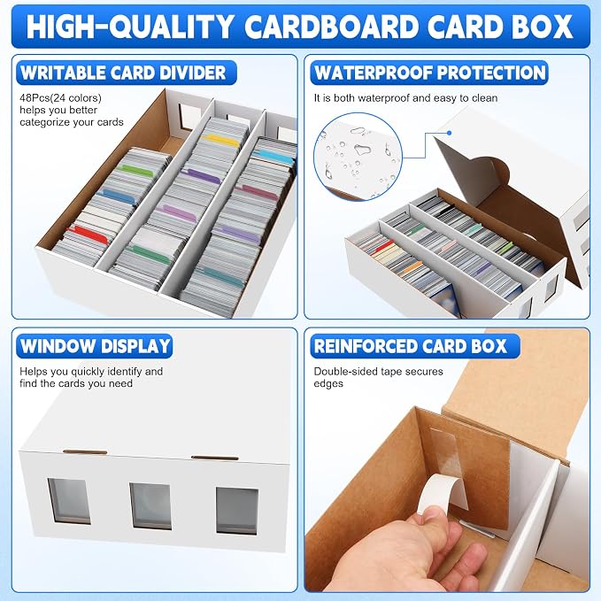 4 Pack Trading Card Storage Box, 9400+ Count Card Storage Box with 48 Card Divider White Sports Card Storage Box Cardboard Card Organizer Box Bulk Card Case Trading Card Box for Soccer Basketball Card