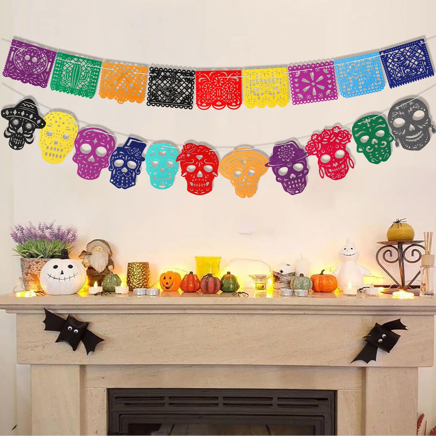 HOWAF Dia De Los Muertos Decorations Ofrenda Set, Day of The Dead Decor for Altar with Papel Picado Banner Marigold Flowers Garland for Ofrendas Alter Supplies, Mexican Halloween Diwali Party Supplies