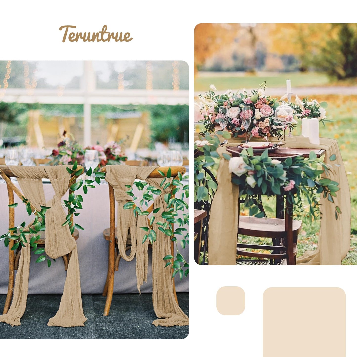 Teruntrue Cheesecloth Chair Sashes Aisle Decorations 20 Packs, Chair Bow Designed Decorative Chair Cover Chair Sashes 70 Inch for Wedding Reception Party Hotel Decoration(Beige)