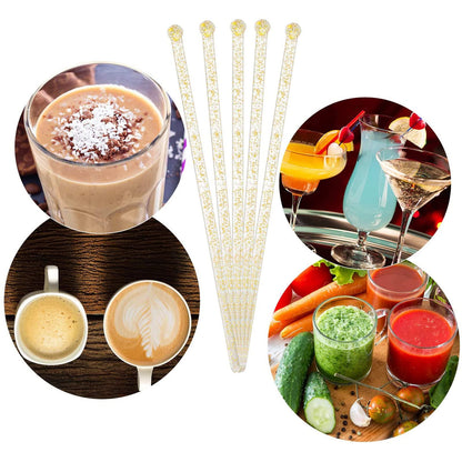 Ball Head Stirrer Disposible Plastic Round Top Crystal Swizzle Sticks, Crystal Cake Pops, Cocktail Coffee Drink Stirrers 100 Pieces (Clear Gold Glitter)