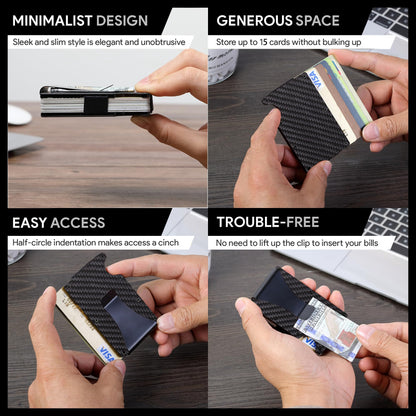 FIRDIKT Carbon Fiber Minimalist Wallet for Men, Slim Metal RFID Blocking Wallet Credit Card Holder Money Clip & Cash Strap, Scratch-Resistant Holds 15 Cards,Ideal Gift for Men | Matt Carbon Fiber