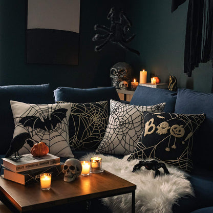 Phantoscope Set of 4 Happy Halloween Decorative Throw Pillow Covers, Handcrafted Embroidery Spider Web Black Bats and Cute Ghost Pillowcase Cushion Cover, Black and White, 18 x 18 inch, 45 x 45 cm