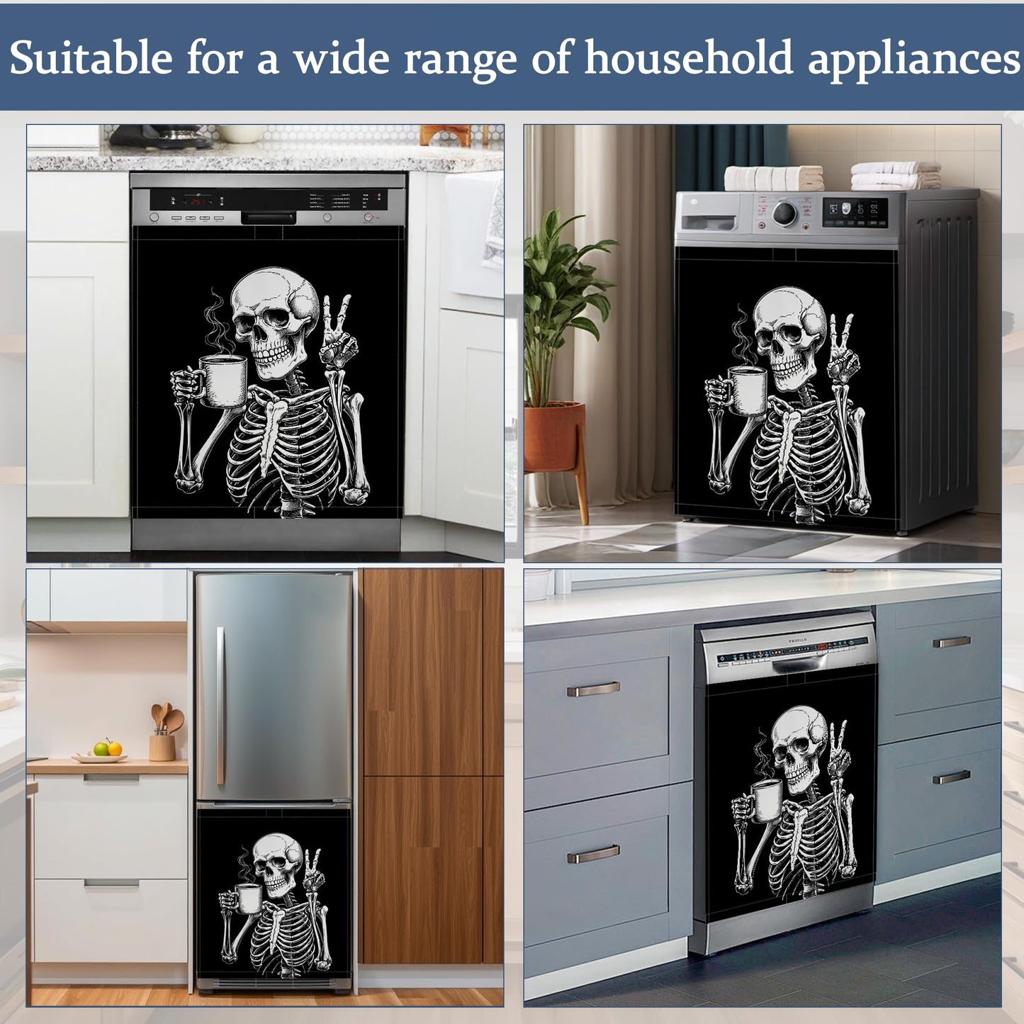 Black Dishwasher Magnet Cover Funny Skeleton Coffee Dishwasher Magnets Decorative Cover for Kitchen, Refrigerator Magnet Decal Panels 23” x 26”