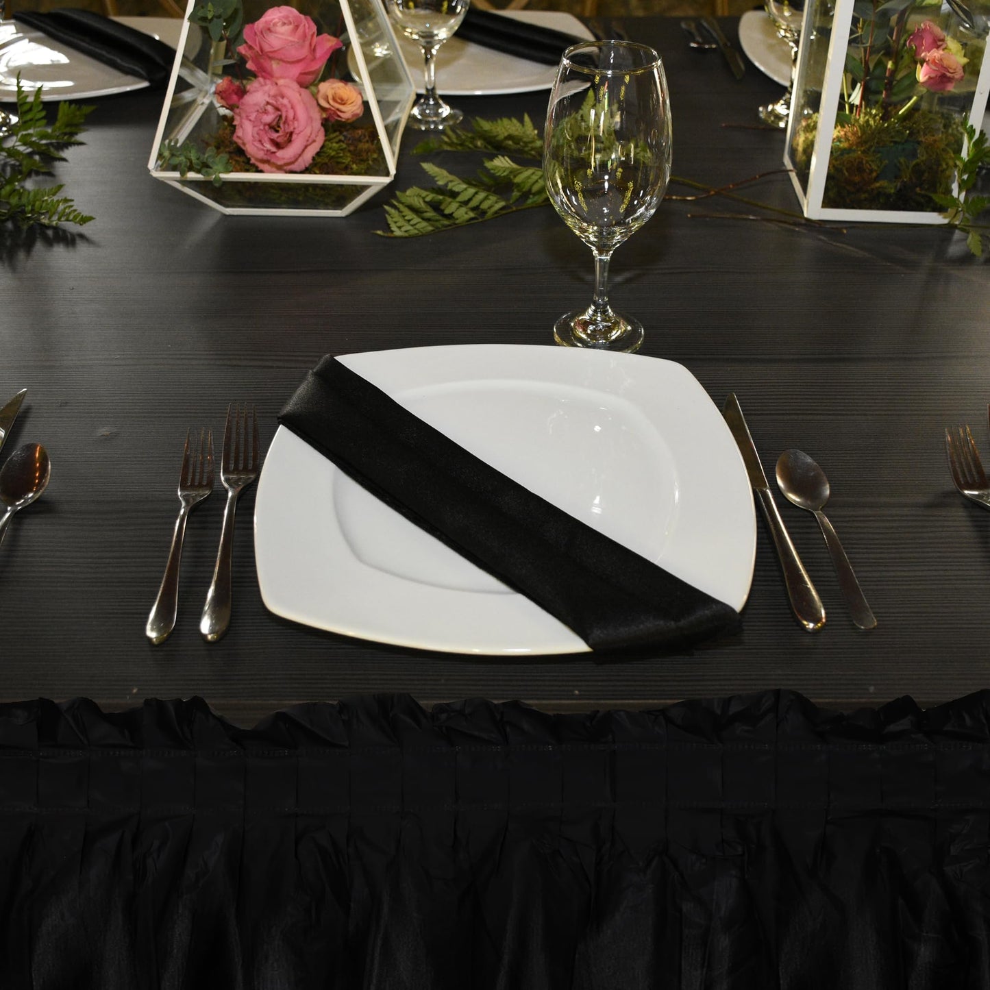 Axigundaone 6 Pcs Plastic Black Table Skirts for Rectangle Tables, Disposable Table Skirts with Adhesive Strip, 28 Inch x 14 Ft Rectangular Table Skirts for Party, Wedding,Banquet