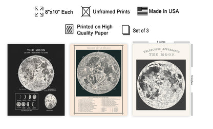 Poster Master 3-Piece Moon Wall Art Set, 8x10 Unframed Art Print Posters, Lunar Home Decor, Astrological Room Decoration Poster, Black & White Moon Design, Gift for Planetary Astrology Fans