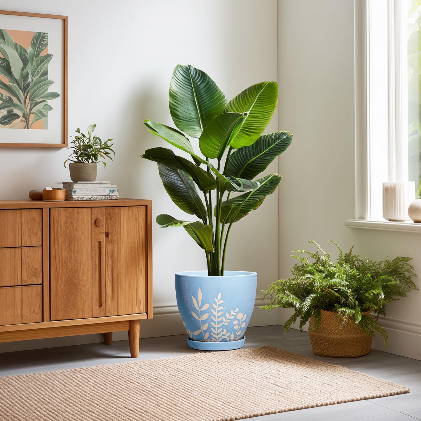 EPFamily 10 Inch Large Ceramic Plant Pot with Saucer - Round Planter with Drainage for Indoor Outdoor Plants, Boho Flower Pot, Home Office Room Garden Decor, Housewarming Gift, Blue