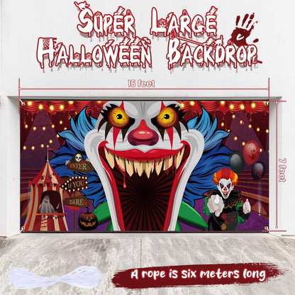 Ganeen Halloween Garage Door Cover 7 x 16 ft Clown Halloween Party Decorations Horror Garage Door Banner Scary Holiday Backdrop, Assembly Needed