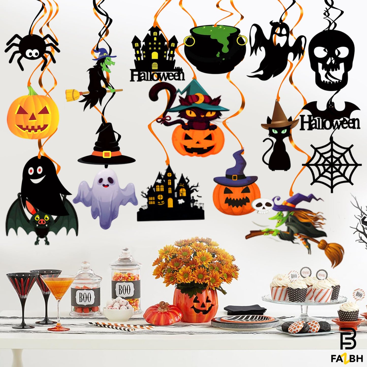 56 Pieces, Halloween Swirls for Hanging Halloween Decorations - No DIY | Ghost Pumpkin Witches Swirls, Scary Ceiling Streamers, Scary Party Decorations, Haunted House Decor, Classroom, Office Décor
