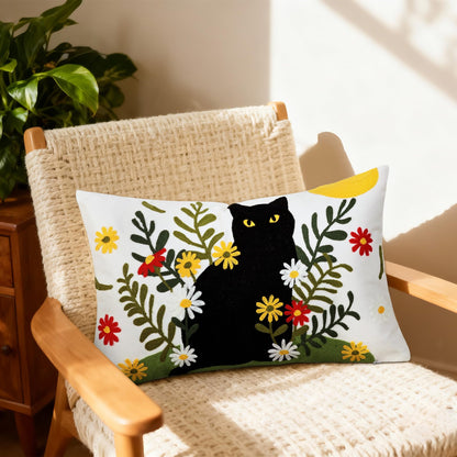 Cythasily Embroidered Pillow Covers 12x20 Inch Set of 1, Black Cat and Floral Patterned Decorative Throw Pillow Covers Lumbar Farmhouse Canvas Cushion Cases for Couch Sofa Bed Living Room Home Decor