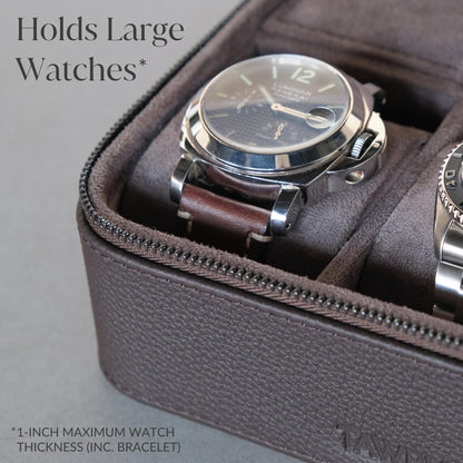 TAWBURY Watch Case - 3 Slot Genuine Top-Grain Leather Watch Travel Case for Men & Women with Metal Zipper and Extra Wide Pillows for Large Watches (Brown)