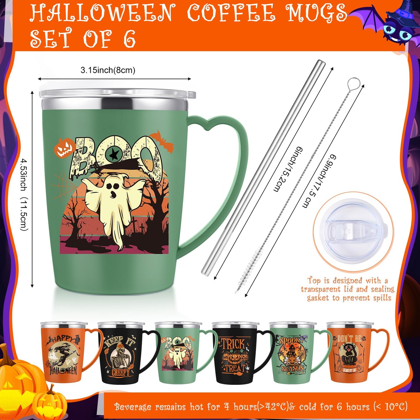 Kritkin 6 Pcs Halloween Coffee Mugs Cups 16 oz Halloween Stainless Steel Insulated Tumblers Bulk with Handle Lid Straw Brushes Spooky Ghost Face Monster Black Cat Mugs Trick or Treat Gifts