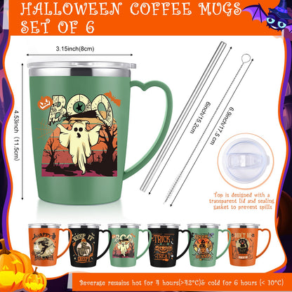 Kritkin 6 Pcs Halloween Coffee Mugs Cups 16 oz Halloween Stainless Steel Insulated Tumblers Bulk with Handle Lid Straw Brushes Spooky Ghost Face Monster Black Cat Mugs Trick or Treat Gifts