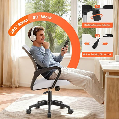 BestOffice | Ergonomic Office Chair | Mid-Back Swivel Desk Chair | Breathable Backrest & Lumbar Support | Adjustable Height | Sponge Seat | Rolling Wheels | White | for Adults & Women