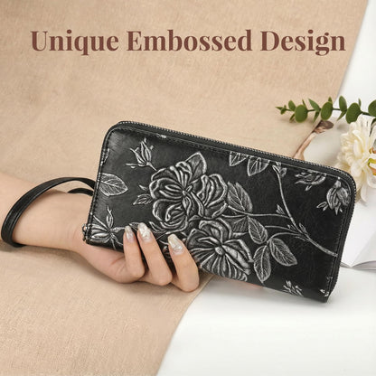 FORUWISH Wallet Women RFID Credit Card Holder Embossed Vegan Leather Large Capacity Black Wristlet Wallets for Women