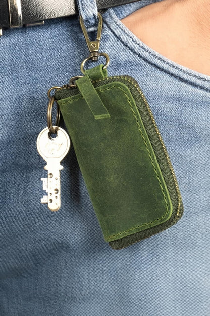 Handmade Full Grain Leather Car Key Holder & Zippered Coin Purse | Belt Loop Key Chain, Compact Earphone Holder Multi-Functional Money Purse Elegant Leather Accessory Versatile Key Organizer (Green)