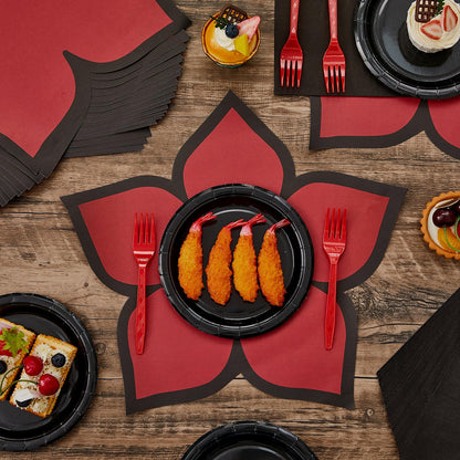 Yungyan 96 Pcs Spooky Rustic Black and Red Birthday Party Supplies Tableware Set Plates, Forks, Napkins and Flower Disposable Placemats for Gothic Birthday Spooky Theme Fiesta Party Decorations Serves