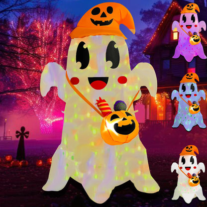 JOYEASE 5FT Halloween Inflatable Cute Ghost with Witch Hat Carrying Pumpkin Candy Can, Blow Up Spooky Ghost Decor Build-in LED Light for Holiday Yard Lawn Garden Decorations