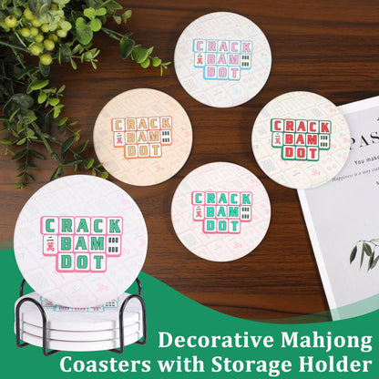Hoowen Mahjong Coasters with Holder, Ceramic Coasters for Drinks Set of 4, Absorbent Round Coasters, Mahjong Gift and Accessories for Most Cups, Table Game Housewarming Party Supplies