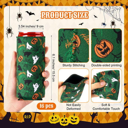 Mimorou 16 Pcs Halloween Can Coolers Sleeves 12oz Xmas Skinny Can Cooler Sleeves Reusable Neoprene Slim Beer Insulator for Halloween Party Favors Decoration Gifts Supplies (Spider)