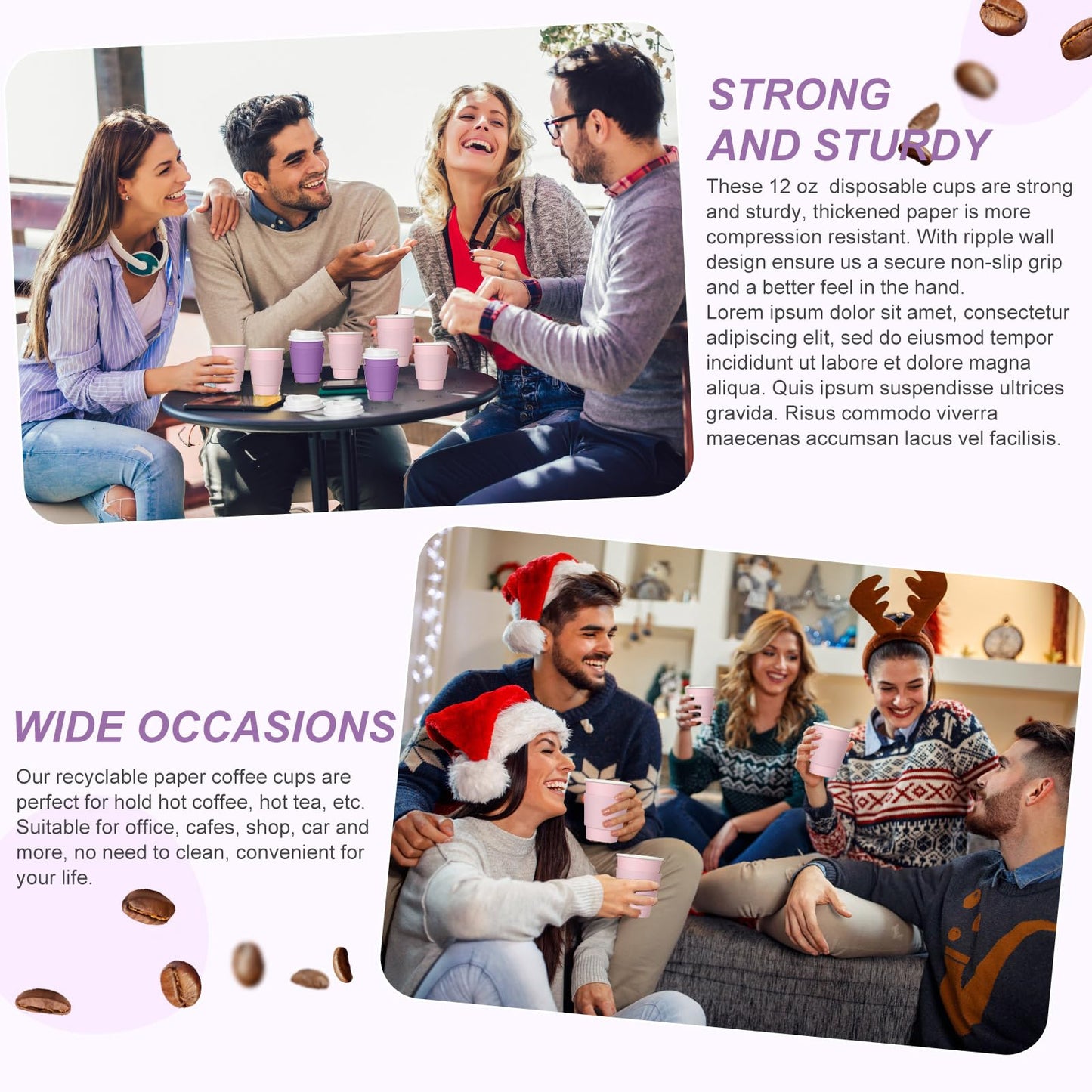 Patelai 48 Pcs 12 oz Disposable Coffee Cups with Lids and Sleeves Bulk, Insulated Hot Chocolate Paper Cup for Hot and Cold Beverage Water Juice Cocoa Tea Party Restaurants Travel Supplies (Purple)