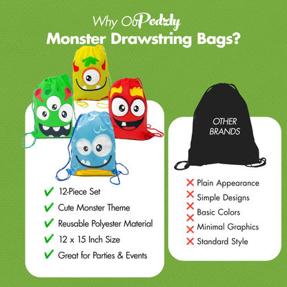 Podzly Drawstring Bags Bulk 12 Pack – Monster Themed Drawstring Backpack Bulk – 12" x 15" Washable Polyester Cinch Sackpack – Kids Party Favor Goody Bags for Halloween, Birthday, Dulceros Fiestas