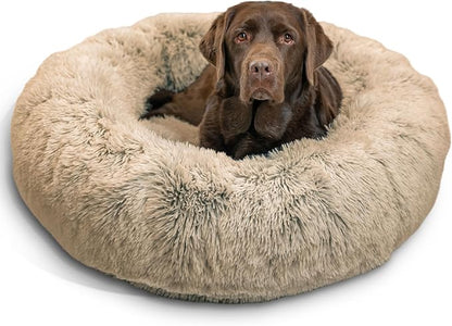 Best Friends by Sheri The Original Calming Donut Dog Bed for Large Dogs up to 100 lbs, Shag Faux Fur, Taupe, Large, 36" x 36"