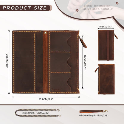 Robrasim Leather Wallet for Men and Women, Handmade Detachable Chain Wristlet Long Bifold Clutch with Large Capacity Zipper Coin Pocket (Coffee, 7.87"x4.17")