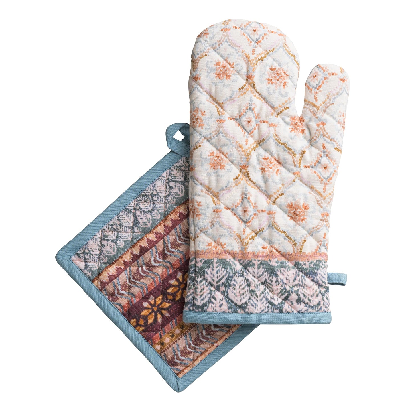 Maison d' Hermine 100% Cotton Oven Mitt & Pot Holder Set (7.5"x13" & 8"x8") Heat Resistant BBQ Cooking Gloves with Loop for Thanksgiving Christmas Decorations Handling Hot Pans (Fair Isle)