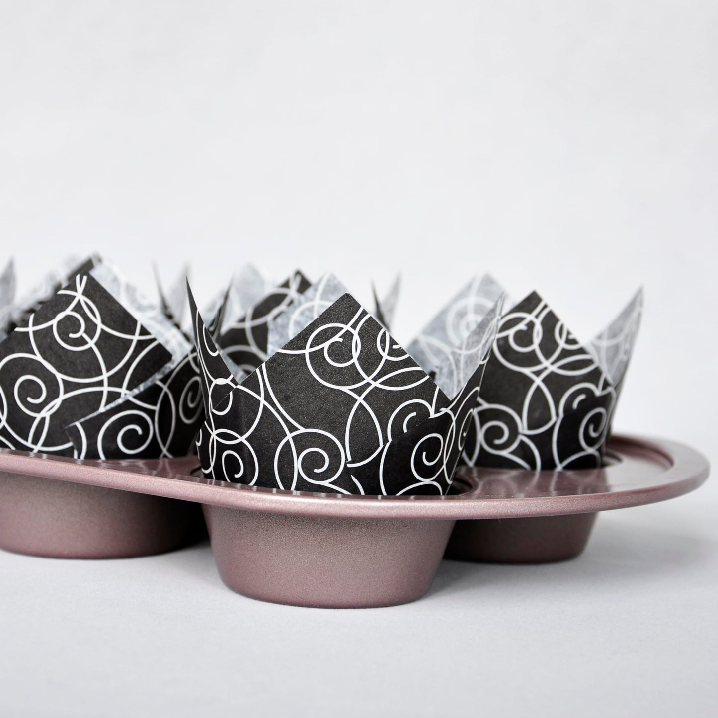 QLSmypkg Muffin Greaseproof paper Baking cupcake cups, 2"(Bottom diameter) x 3-1/2"(Height) Black Fancy Floral Print Tulip Baking Cup Case of 125 pcs (125, Standard)