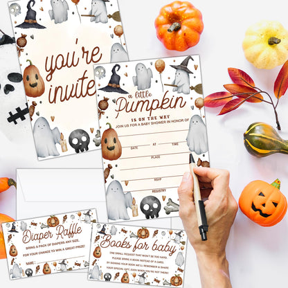 ZEDEV Deluxe Baby Shower Invitations 25 Sets, A Little Pumpkin Is On The Way, Pumpkin Cute Ghost for Halloween, Party Invites Cards with Book Cards Diaper Raffle Tickets and Envelopes -02