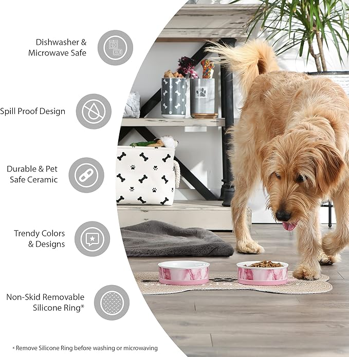 Bone Dry Ceramic Food & Water Bowls for Pets Non-Slip for Secure, Less Messy Feeding, Microwave & Dishwasher Safe, Small Set, 4.25x2, Azulejos Tile, 2 Count