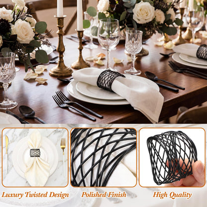 LemonRoad 12 Pcs Black Wedding Metal Napkin Rings Twisted Wire Mesh Napkin Holder Buckles Modern Boho Minimalist Semicircle Serviette Ring Rust Resistant Decorations for Cloth Napkins Dinner Banquet