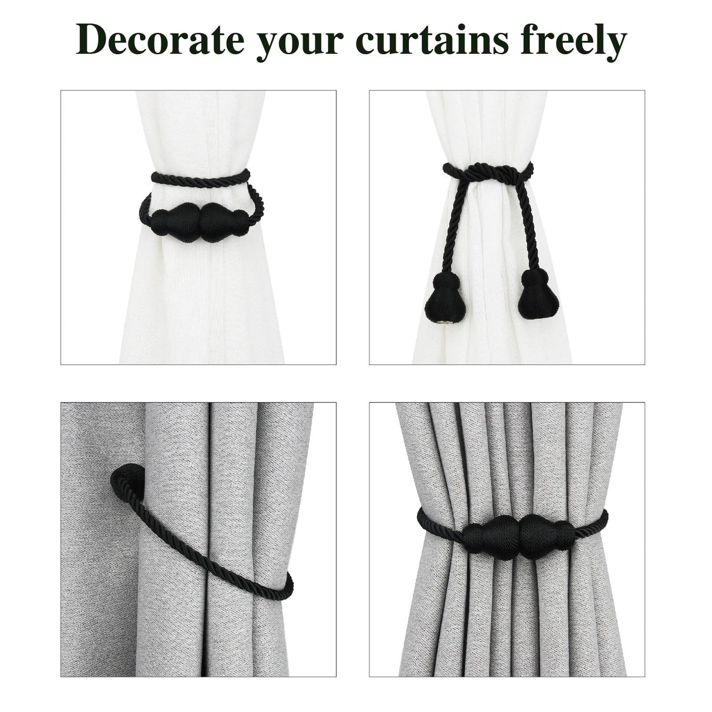 Nieffeiy Magnetic Curtain Tiebacks Outdoor Curtain Tie Backs Rope Decorative Magnetic Curtain Holders for Drapes Window Treatment Holdbacks, Black 4Pack