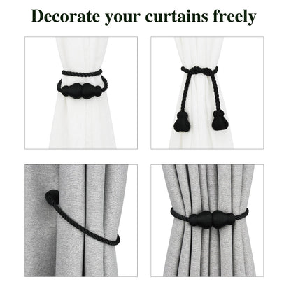 Nieffeiy Magnetic Curtain Tiebacks Outdoor Curtain Tie Backs Rope Decorative Magnetic Curtain Holders for Drapes Window Treatment Holdbacks, Black 4Pack