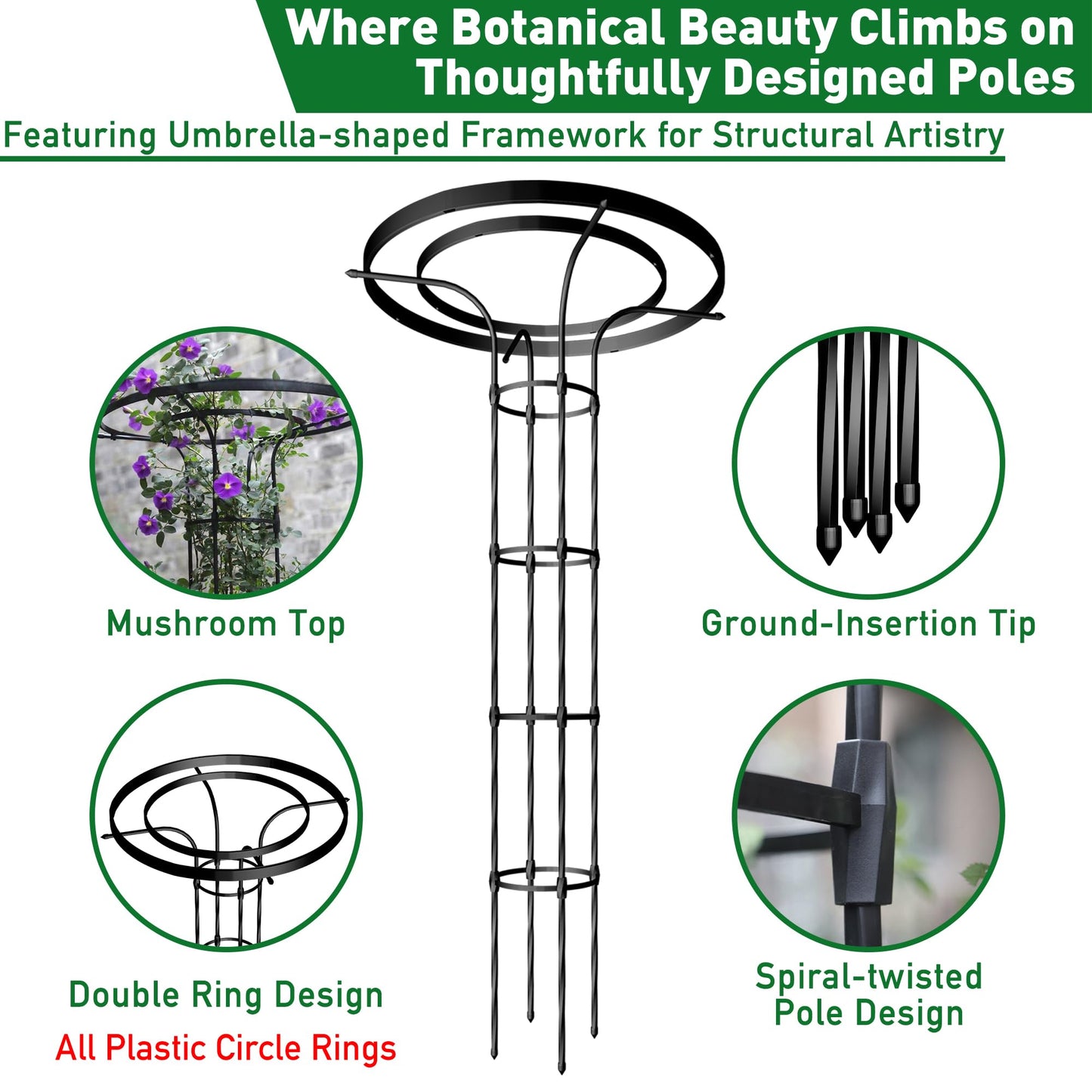 Carotex Mushroom Top Trellis for Climbing Plants Outdoor, 3.44FT Decorative Obelisk Plant Support with Rustproof PE-Coated Metal, Rose Trellis for Clematis Ivy, Black