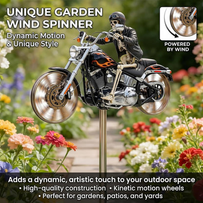 Skeleton Motorcycle Wind Spinner, Biker Skull Windmill Stake with Rotating Wheels, Resin Outdoor Sculpture Ornament for Patio Yard Garden1