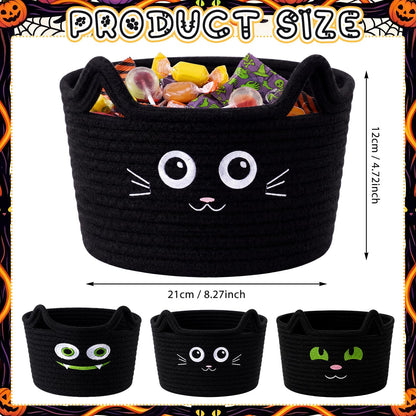 Yungyan 3 Pcs Black Cat Baskets, Woven Cotton Rope Cat Storage Bin Organizer, Trick or Treat Candy Bowls, Boo Gift Basket, Halloween Party Supplies for Laundry, Baby, Towels, Blankets, Animal