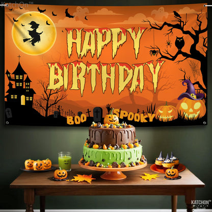 KatchOn, Halloween Happy Birthday Banner - XtraLarge, 72x44 Inch | Spooky Halloween Banner for halloween Birthday Party Decorations | Happy Birthday Backdrop, birthday Decorations Indoor