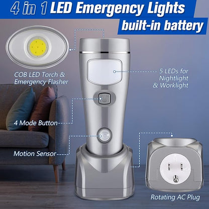Enhon 3 Pack 4 in 1 LED Emergency Lights for Home Power Failure, Rechargeable Plug in Flashlight Motion Sensor Night Light, Automatic Turn On Power Outage Light for Home Hurricane Supplies (Silver)