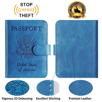 Passport Holder With Luggage Tag Cover Wallet RFID Blocking Leather Case Travel Essentials Accessories Travel Must Have(114#Blue)