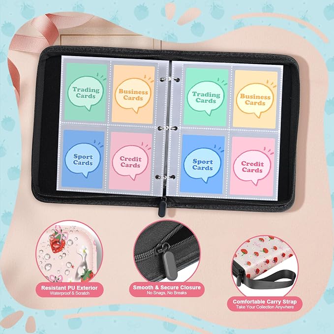 Premium 4 Pocket Trading Card Binder Holder 400 Cards with 50 Removable Sleeves | PU Leather Zipper Album Book for Sports Cards, Game | Card Storage & Organization for Girls Collector Strawberry Pink