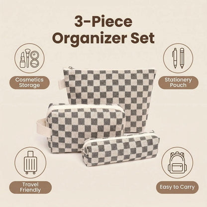 Beayuva 3 Pcs Canvas Makeup Bag Set Checkered Cosmetic Pouch for Women Travel Toiletry Bag Cute Makeup Organizer Purse Pouch Preppy Pencil Case with Zipper (Checkered Black)