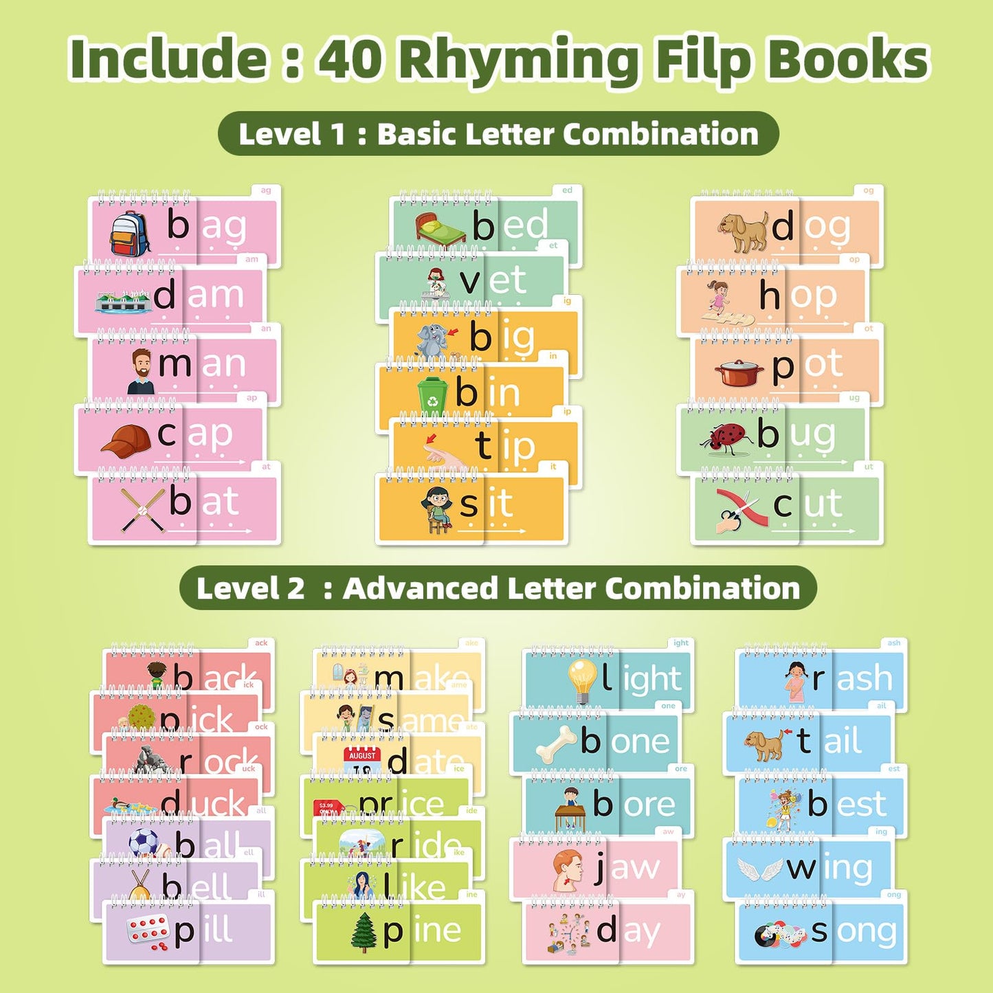 Word Family Build Book, 40 Read and Rhyme Flip Activity Book, Learn to Read Phonics Flash Cards, Sight Words Reading Games for Kids Ages 4-8 Kindergarten 1st 2nd 3rd Homeschool Educational
