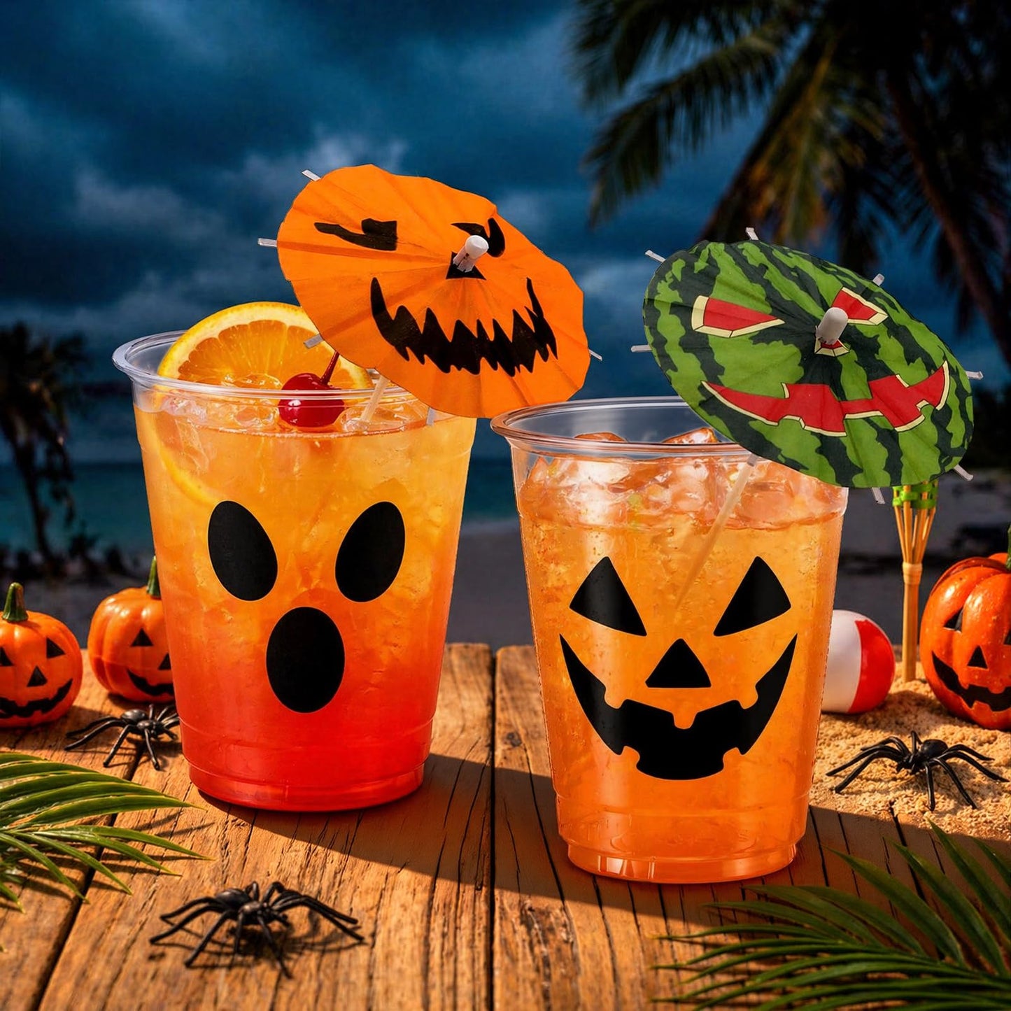FoldTier 24 Set 12oz Summer Halloween Plastic Cups with Drink Umbrella Picks Bulk Halloween Cups with Cocktail Umbrella Stirrers Jack O Lantern Ghost Design for Trick or Treat Boo Party Supplies
