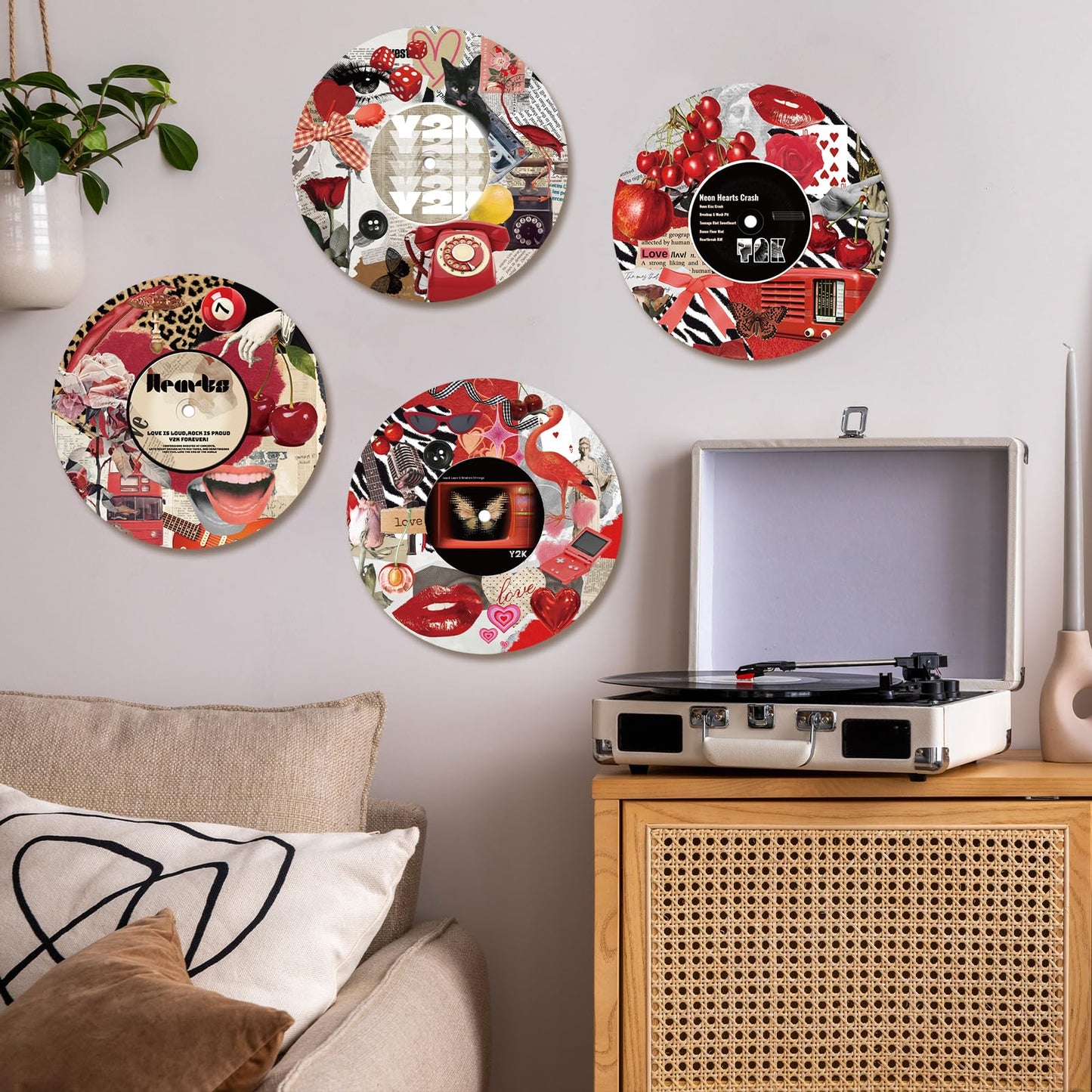 DOODLREAM 4PCS Y2K Aesthetic Vinyl Record Wall Decor 12" Hippy Red Retro Wall Art Posters for Room Aesthetic, Collage Art Retro Record Decor for Music Party Studio Living Room DIY Craft Project
